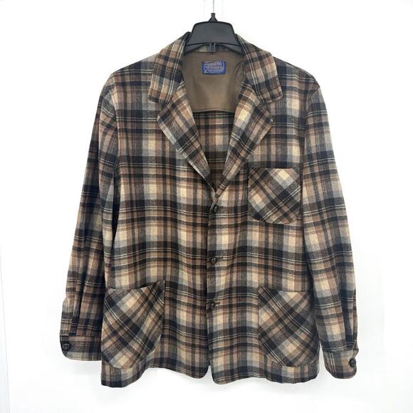 Pendleton Wool Shirt Jacket Shacket XL Brown Plaid Lightweight Vintage 70s READ! - Picture 1 of 12